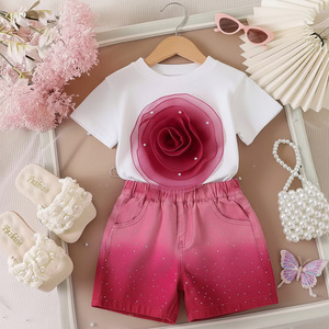 Completo due pezzi casual da <span class=keywords><strong>bambina</strong></span> 2026: T-shirt traspirante a maniche corte con fiori in rete tridimensionale e shorts in denim sfumato in lana pettinata - Product Image 1