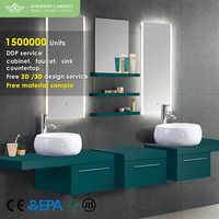 Meuble de salle de bain d'hôtel de luxe moderne Goldtop, double vasque, vasque en céramique, évier en cuivre, miroir LED, écologique