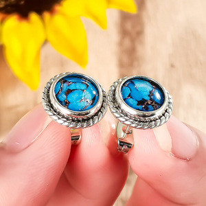Orecchini a perno in argento tibetano con turchese, placcati argento antico, con incastonatura a castone vintage, gioielli di moda da donna - Product Image 5
