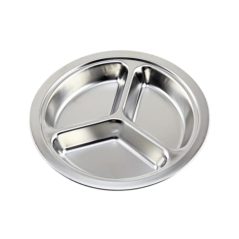 Canteen Use Metal Stainless Steel Round Tray Plate Thali with Three Compartment
