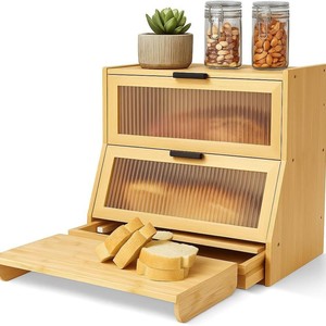 Wooden Bread <b>Storage</b> <b>Box</b> Double Layer With Glass Door Kitchen Bread <b>Bin</b> Solid Wood Desktop Breadbox For Fresh Loaf <b>Storage</b> - Product Image 2