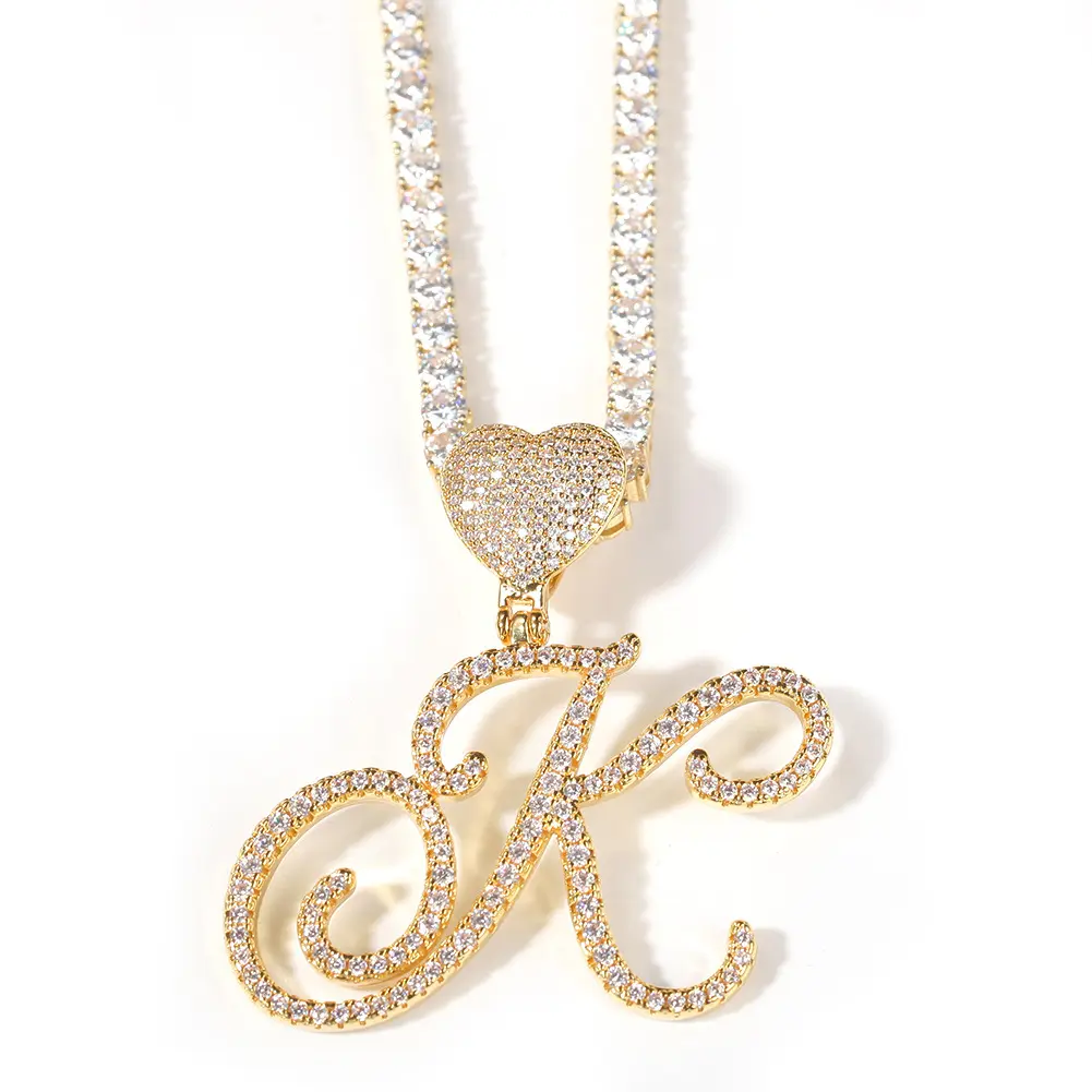 Fashion Hip Hop Jewelry Iced Out CZ Zircon Diamond Heart Letters Initial Necklace with 3mm Cuban Link Chain