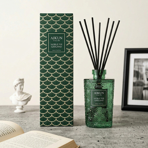 Aikun Low MOQ Quick Turn Decor Store OEM Noble Fir 300ml Green Glass Cylinder <b>Reed</b> <b>Diffuser</b> Deco Gift Box Set For Study Nook - Product Image 1