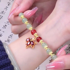 <b>Red</b> Agate Maple Leaf <b>Bracelet</b> For Women Jade Beaded Jewelry Gift With Claw Setting Zinc Alloy SL 059 - Product Image 1