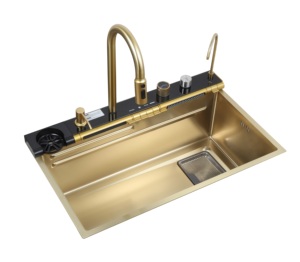 Évier simple fait main 750x450mm facile à nettoyer |   AW-7545JY 201 SS Robinet de comptoir avec finitions PVD, montage intelligent sur plancher - Product Image 3