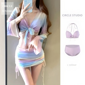 Set Bikini <span class=keywords><strong>Micro</strong></span> Sexy da Donna con Stampa, Gonna in Rete e Copricostume a Maniche Lunghe, Costume da Bagno con Perizoma - Product Image 1