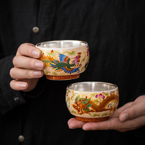 Tasse à thé en argent doré pur 99 Dragon Phoenix fil d'or cloisonné <span class=keywords><strong>émail</strong></span> peint tasse en <span class=keywords><strong>céramique</strong></span> - Product Image 1