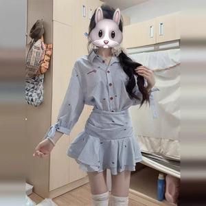Striped Shirt Dress Mid Sleeve High Waist Pleated Skirt Daily Casual Wear Korean Style Sweet Petite Fit - Product Image 2