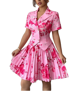 Womens Pleated Short Sleeve Woven Suit <b>Set</b> Formal Two-Piece Summer Button Outfit OEM - Product Image 1