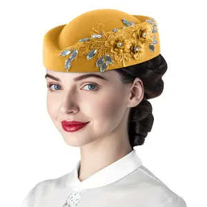 Cappelli da Hostess Vintage Eleganti con <span class=keywords><strong>Diamanti</strong></span> per Donne con Velo da Chiesa e Feltro Morbido Floreale - Product Image 2