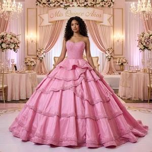 Rsm261124 Precioso Vestido de Quinceañera Rosa Satinado con Cuentas y Múltiples Capas, sin Tirantes, Estilo Princesa, para Fiesta de 16 Años, Jancember - Product Image 1