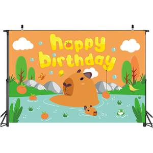 Nouveau Toile de fond photo 7*5ft Marron Capybara pour Fête d'anniversaire 1 an Fille Garçon, Bannière de dessin animé, Accessoires de photomaton - Product Image 2