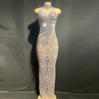 Luxury Diamonds Embellished Low Cut Deep V See-through slip Dress Women Sexy Party Dresses Elegant Evening Dress Stage Wear