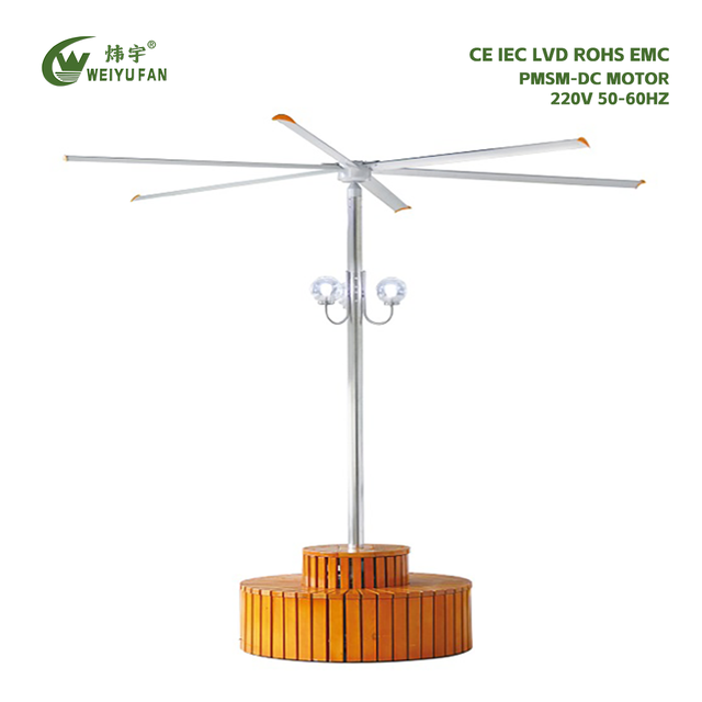 14ft Electric Free Standing Pole Fan with Wooden Base and Light 6 Blades Low Noise 35-39dB OEM/ODM for Garden Use