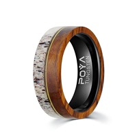 Cincin kayu barrel wiski dengan lapisan tungsten 8mm, inlay tanduk rusa dan meteorit, set cincin kawin/tunangan untuk pasangan.