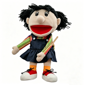 Marioneta de niña personalizada con coleta negra, marioneta de niña con camisa a rayas arcoíris, marioneta de niña con vestido vaquero, marioneta de niña con zapatillas rojas - Product Image 1