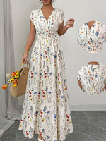 Robe Confortable Grande Taille Moulante pour Femme, Élégante et Douce, Col en V, Taille Cintrée Élastique, Imprimé Floral Frais, Nouvelle Collection