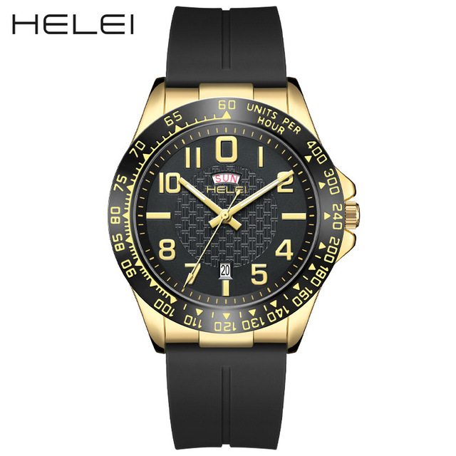 Hot Sell HELEI 9039 Watch for Men Fashion Sports Men's Quartz Watch with Week Date Silicone Band 3ATM Waterproof Wristwatch