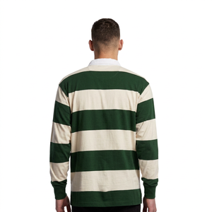 เสื้อเชิ้ตแขนยาวลายทางสีเขียวขาวสำหรับผู้ชาย คอปกแบบพับได้ ถักสไตล์รักบี้ โลโก้สั่งทำได้ ผ้าฝ้าย พิมพ์ลายดิจิตอล - Product Image 1