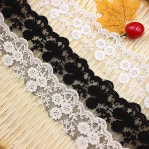 Tela de nylon spandex para costura, encaje bordado de flores blancas y negras, venta al por mayor