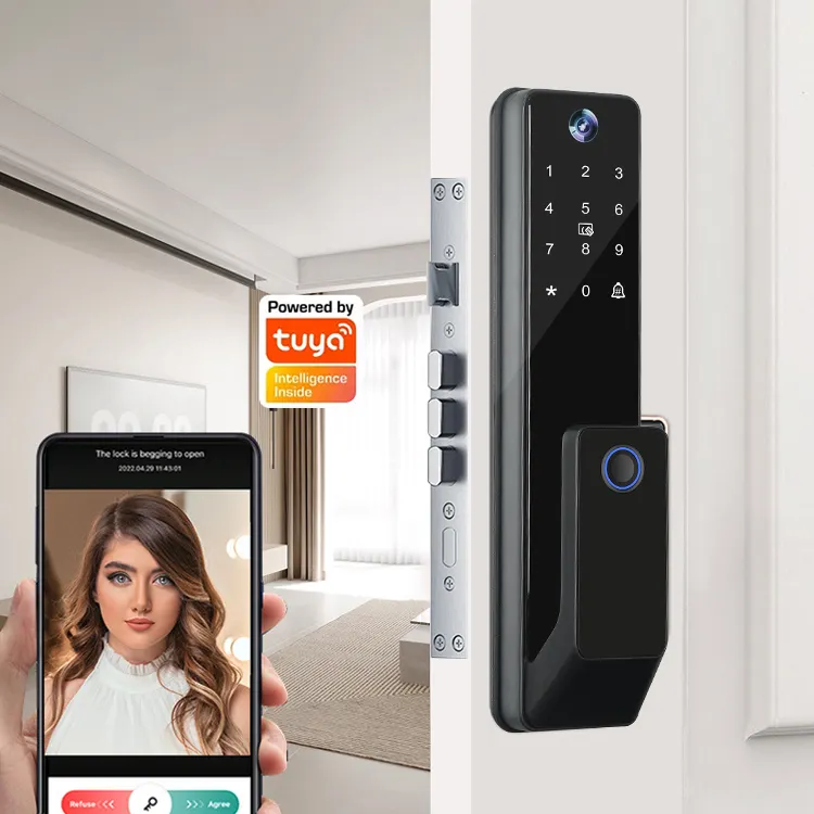 Venta al por mayor casa electrónica Smartphone APP Wifi Digital Tuya cerradura de puerta inteligente de huellas dactilares cerradura de manija de puerta inteligente sin llave