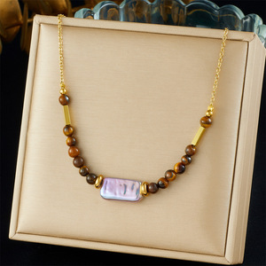 European American Style Tiger Eye Beaded Gold Chain Pearl Necklace Geometric Design Party Fashion Jewelry - Product Image 1