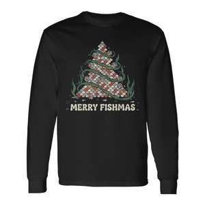 Camiseta de manga larga retro con diseño de árbol de Navidad de Merry Fishmas Fishing Christmas Tree - Product Image 1