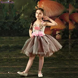 2023 Girls Flower Elk Tutu Dress Baby Fluffy Tulle Ballet Tutus Peacock Dress with Headband Kids Party Clothes Halloween Costume