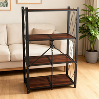 Chariot de cuisine roulant à 4 niveaux, étagère de rangement pliable avec étagères en bois, roulettes, support pour micro-ondes en métal noir, organisateur