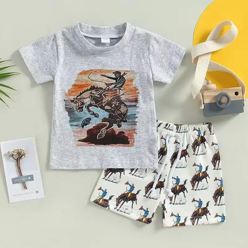 Спортивный костюм для мальчиков, изысканный комплект детской одежды, серого цвета, с ковбойским рисунком диких кактусов, с западным принтом, лето