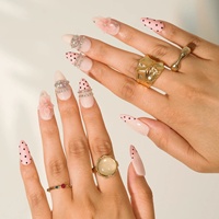 Ongles à presser Weet-Pink à pois, fleurs 3D françaises, faits main, en acrylique, forme amande, avec chaîne de strass argentés