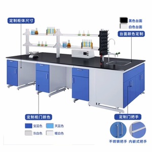 Mesa de trabajo de laboratorio Leica, totalmente de acero, con fregadero y estantes para uso en laboratorios de química escolares. - Product Image 1