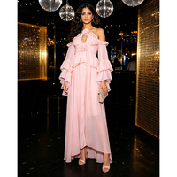 Ensemble deux pièces en mousseline rose clair à fleurs 3D, épaules dénudées, volants, manches évasées, crop top et jupe longue, vente en gros d'usine
