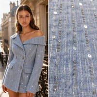 Tissu tricoté en tweed bleu clair avec broderie de perles et de paillettes, rayures verticales argentées perlées, pour vêtements de luxe pour femmes, manteaux et costumes