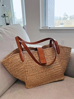 Sac fourre-tout en paille tressée fait main, grande capacité, sac à bandoulière, sac de plage d'été avec poignée en cuir, sac à main décontracté léger
