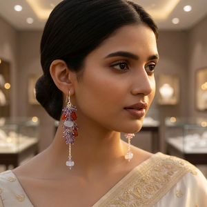 Boucles d'oreilles pendantes en argent 925 avec améthyste et pompons, style bohème, bijoux de mariage du Rajasthan pour femmes - Product Image 3