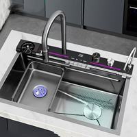Grand évier multifonction à fente unique en acier inoxydable Évier de cuisine cascade à affichage numérique LED anti-rayures avec lave-gobelet