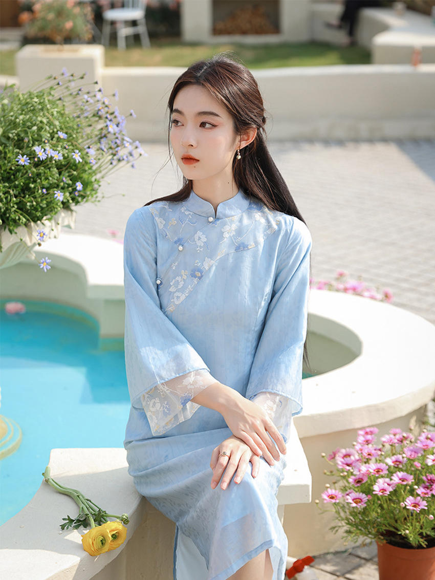 blue chinese style dress Daily long Cheongsam, plain Qipao, blue long Qipao, daily Cheongsam main image 1