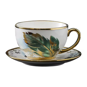 Light Luxury High-Value Sustainable Reusable Feather Ceramic Modern Floral Pattern 220ml Capacity Coffee Tea <b>Cup</b> <b>Set</b> Spoon - Product Image 5