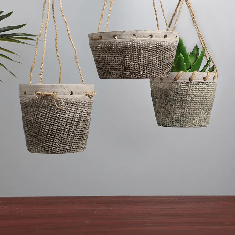 Fancy hessian effect design indoor outdoor decorative cement hanging planters / concrete floating succulent pots for garden