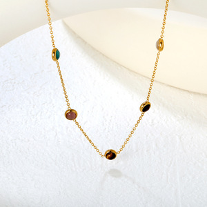 Collar de disco de piedra ojo de gato colorido para mujer, colgante de acero inoxidable con engaste de bisel, diseño geométrico circular, joyería de moda - Product Image 2