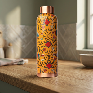 Thermos en métal à motif oriental, bouteille d'eau portable de voyage avec couvercle, garniture en cuivre, design jaune - Product Image 4