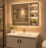 Meuble-lavabo mural pour projet hôtelier avec miroir rétroéclairé LED, étagère latérale ouverte et porte-serviettes – Fournisseur pour commandes en gros usine