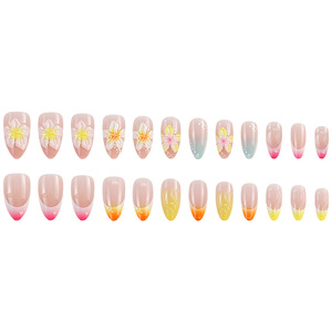 Faux ongles à presser faits main, dégradé rose nude et <span class=keywords><strong>orange</strong></span> chaud, avec accent floral 3D Plumeria, forme amande moyenne, pour vacances d'été - Product Image 2