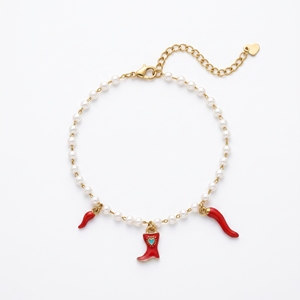 QIAOREN 13329 Bracelet de cheville Western en perles avec breloques piment rouge et bottes de cowboy, Bijou de pied rétro style country, Cadeau pour tenues quotidiennes tendance - Product Image 1