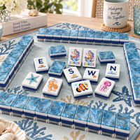 Jeu de tuiles de mahjong américain superposées, bleu marbré, motifs gravés Océan et Joker, pour les jeux en club, les soirées en famille et les cadeaux