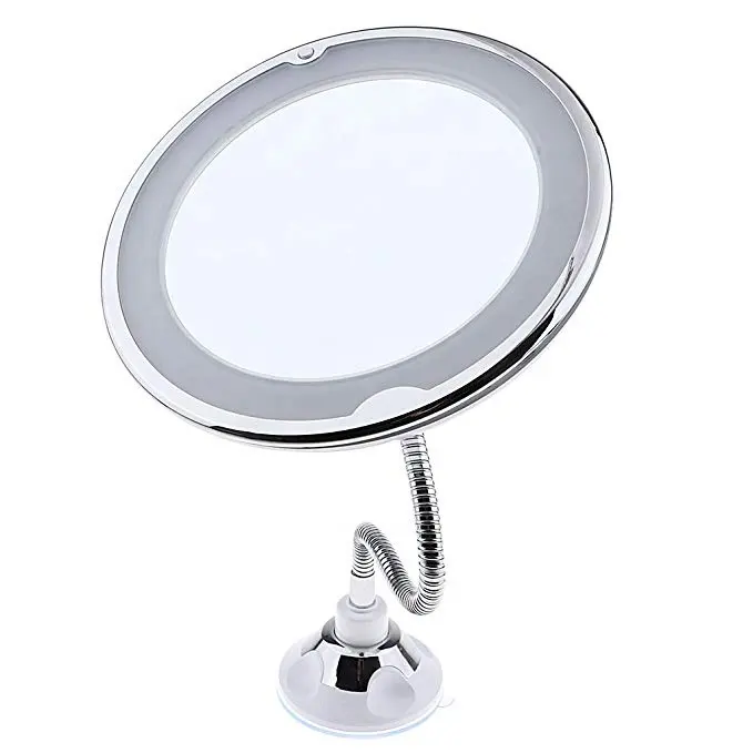 Espelho de pescoço de cisne flexível 10x, espelho ampliador com ventosa de led para banheiro, maquiagem com luzes led