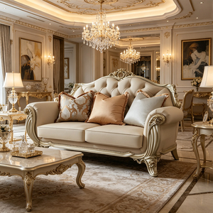 Set di Divani a Due Posti in Stile Europeo di Lusso, Divano in Legno Massello Intagliato e Pelle in Stile Francese, <span class=keywords><strong>Arredamento</strong></span> per Soggiorno - Product Image 4