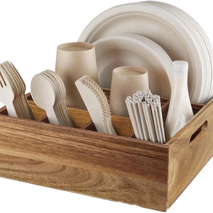 Wooden Cutlery <b>Storage</b> <b>Box</b> Rectangle Dark Brown With Handle For <b>Kitchen</b> Organizing Fork Spoon Plate Cup - Product Image 2