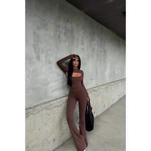 Women's Brown <b>Jumpsuit</b> Window Detail Bow Collar Knitted Fitness Yoga <b>Jumpsuit</b> for Autumn Summer <b>Parties</b> Midi Printed Pattern - Product Image 5